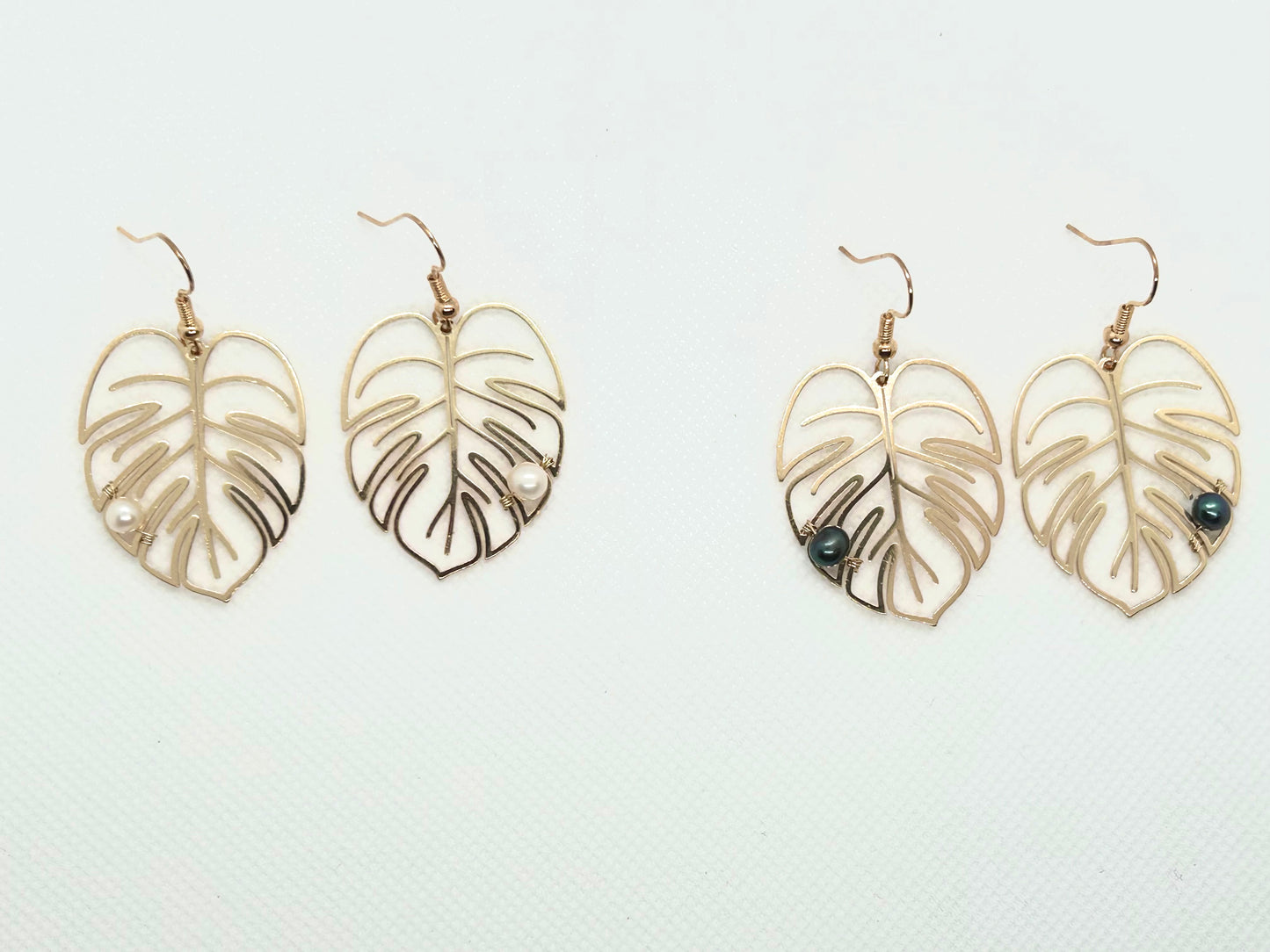 Gold Monstera Earrings Fresh Water Pearls