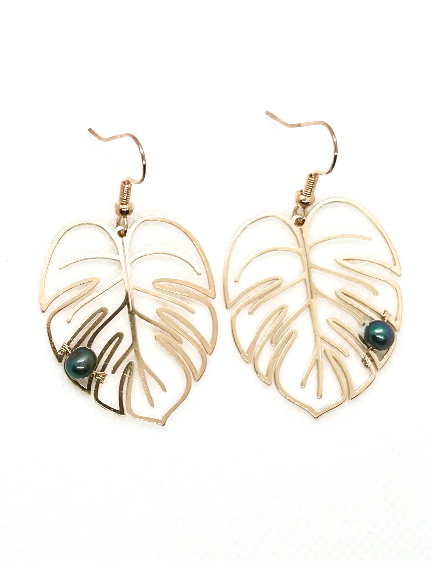 Gold Monstera Earrings Fresh Water Pearls