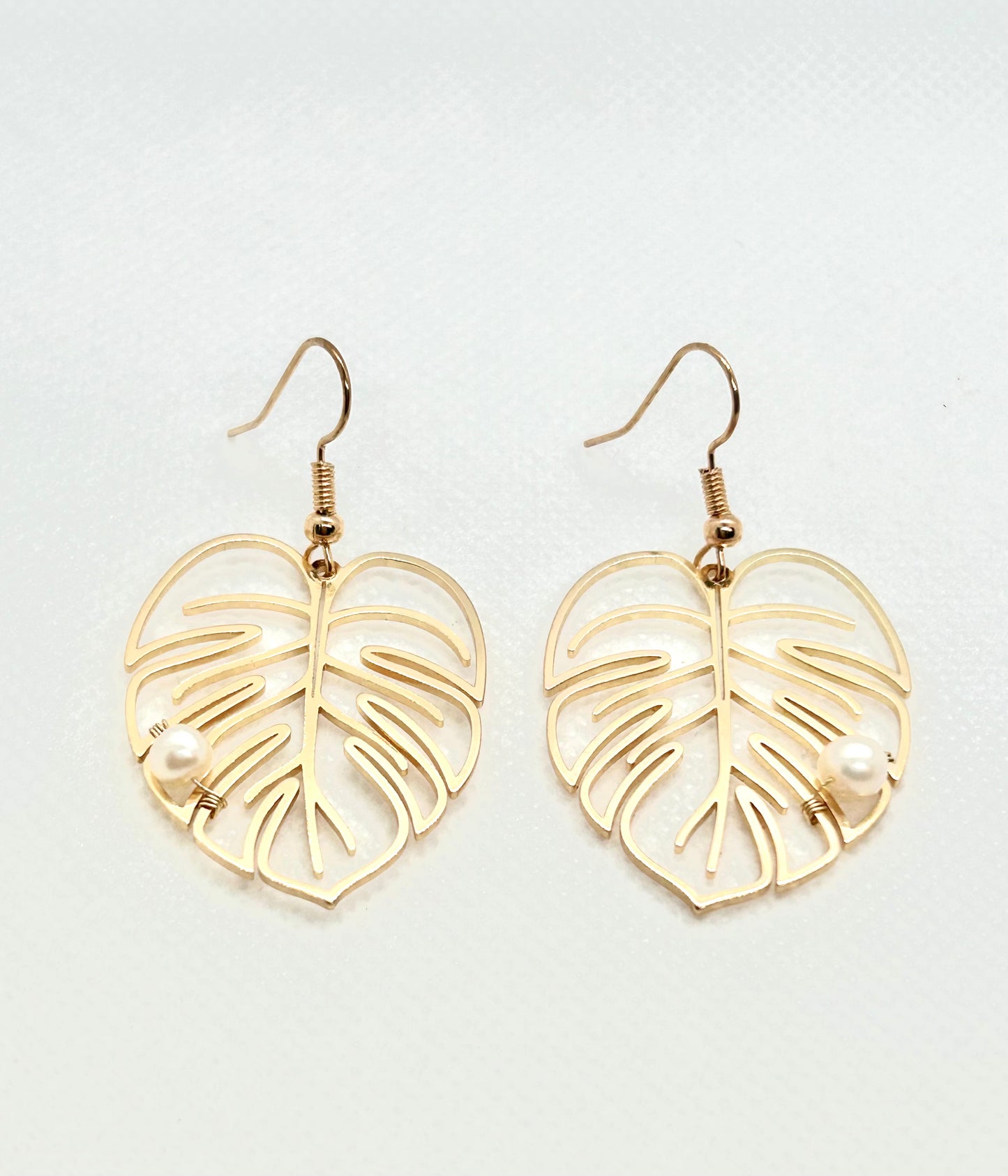 Gold Monstera Earrings Fresh Water Pearls