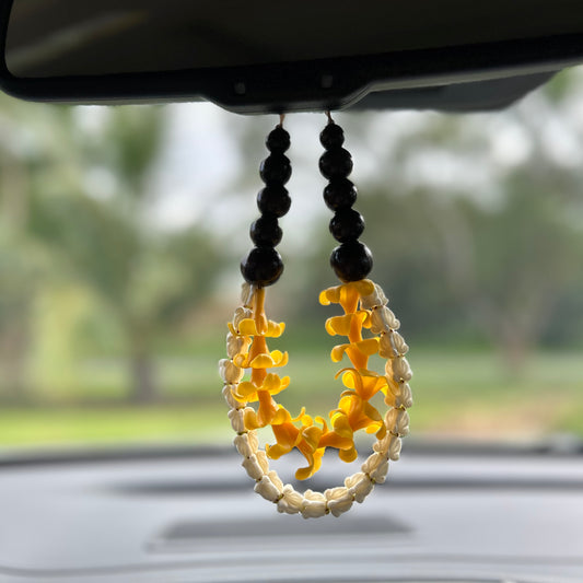 Puakenikeni | White Crown | Clay Flower Rear View Mirror Car Lei